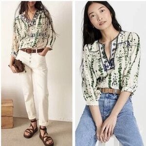 Ba&sh Idris Blouse Tye-Dye w/ Embroidery Ecru Green Boho